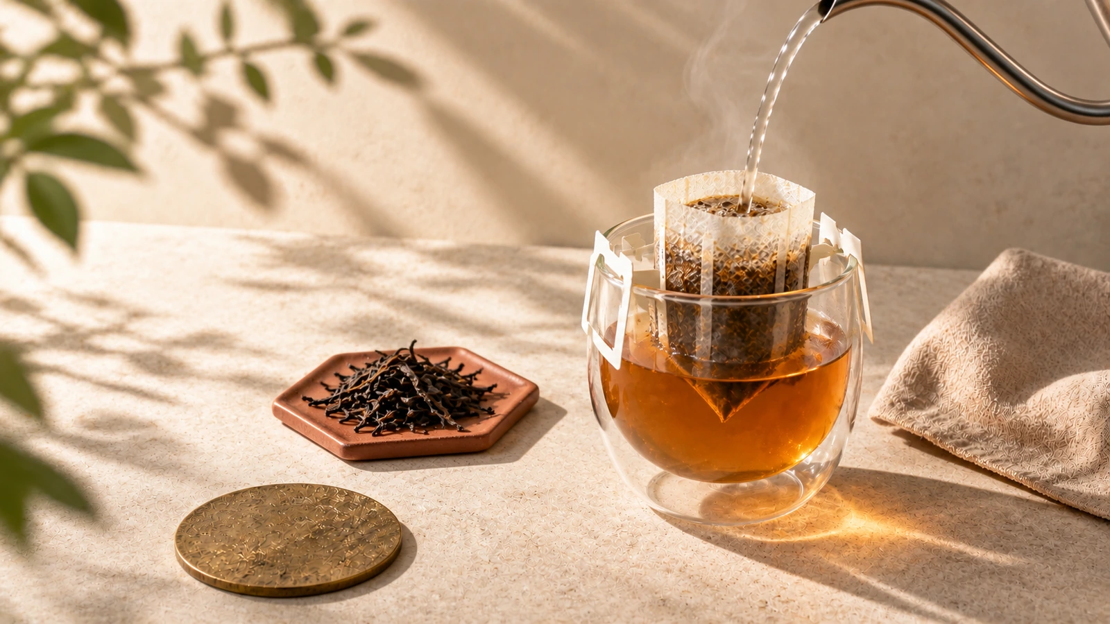 陽光下以濾掛茶包沖泡脈輪普洱茶的情境