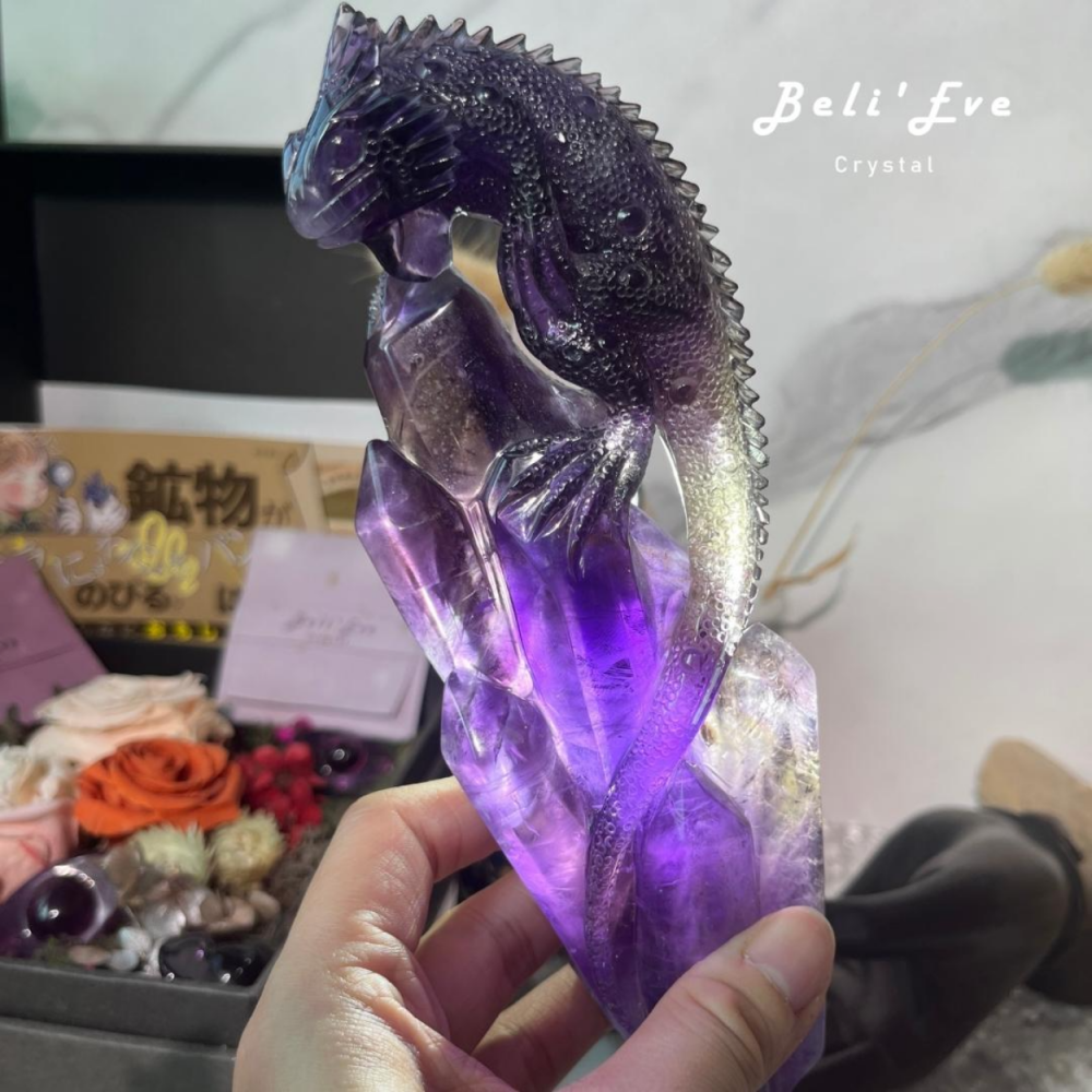 『吸好幾億』精品紫黃晶晶簇蜥蜴 貴人財富 人工雕刻 貴富加倍