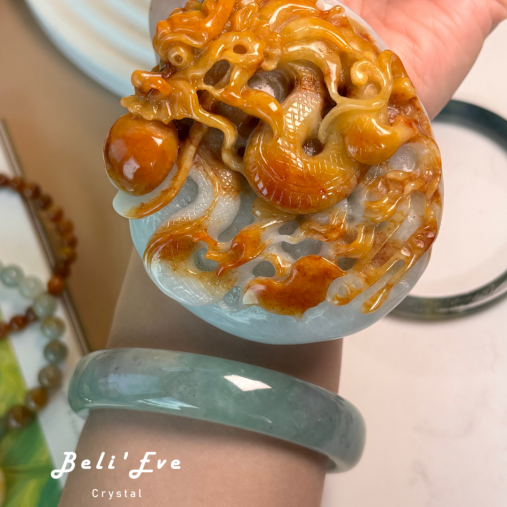 『天然黃翡』祥龍搶珠 A貨翡翠 帶綠 祥龍搶珠 招財 三合生肖 手把件