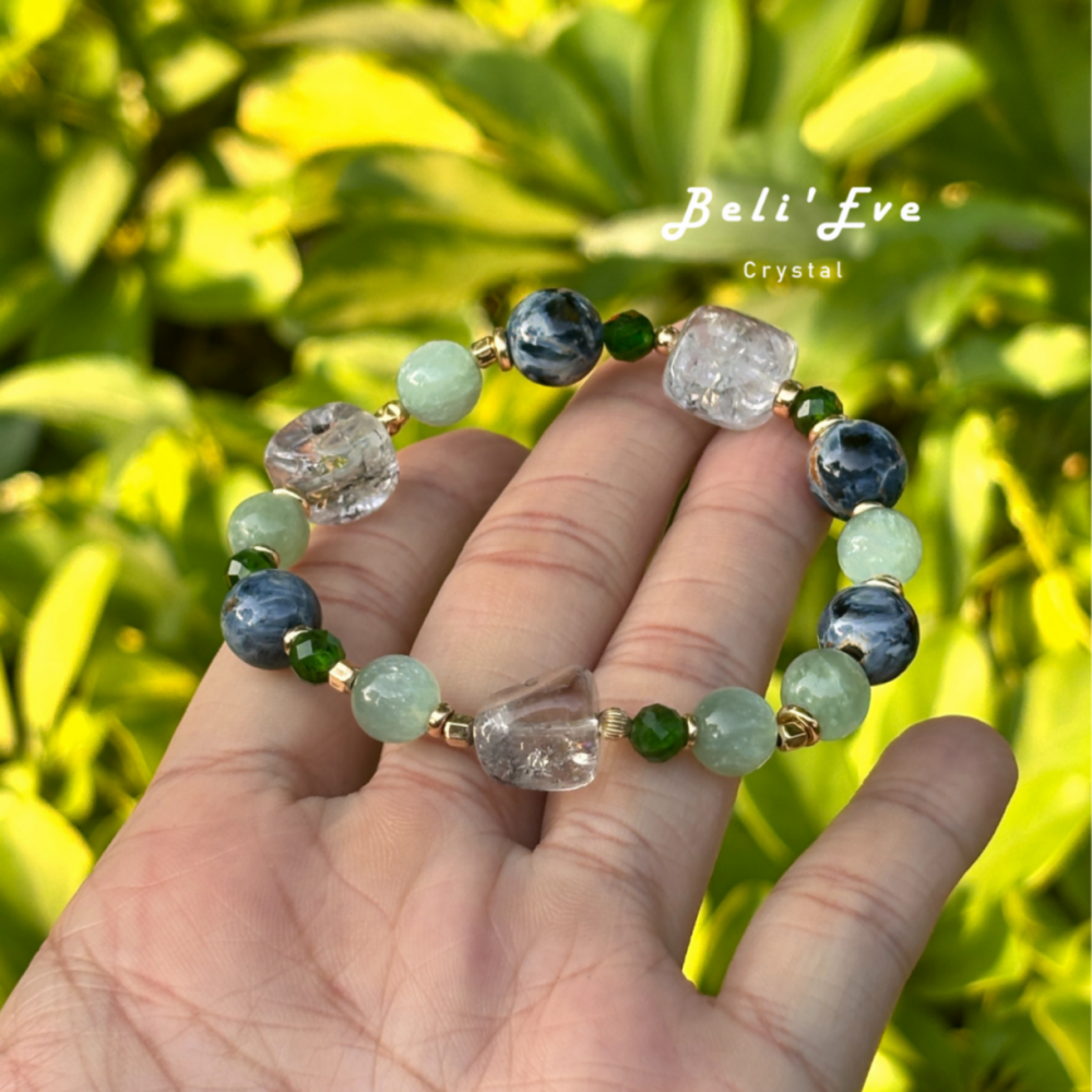 『綠檸康普茶』10MM彼得石+薄荷綠鋰雲母+6MM透輝石+隨形巴基斯坦閃靈鑽