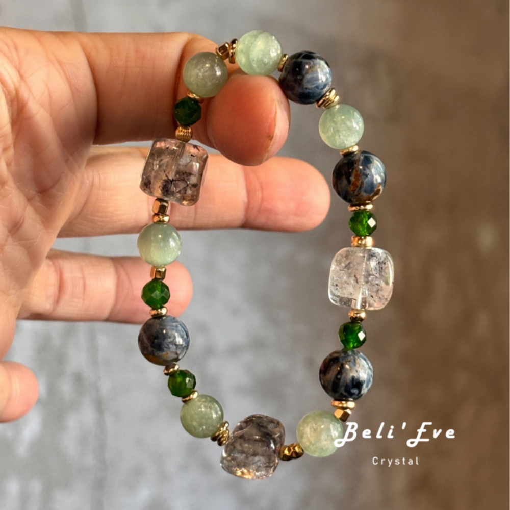 『綠檸康普茶』10MM彼得石+薄荷綠鋰雲母+6MM透輝石+隨形巴基斯坦閃靈鑽