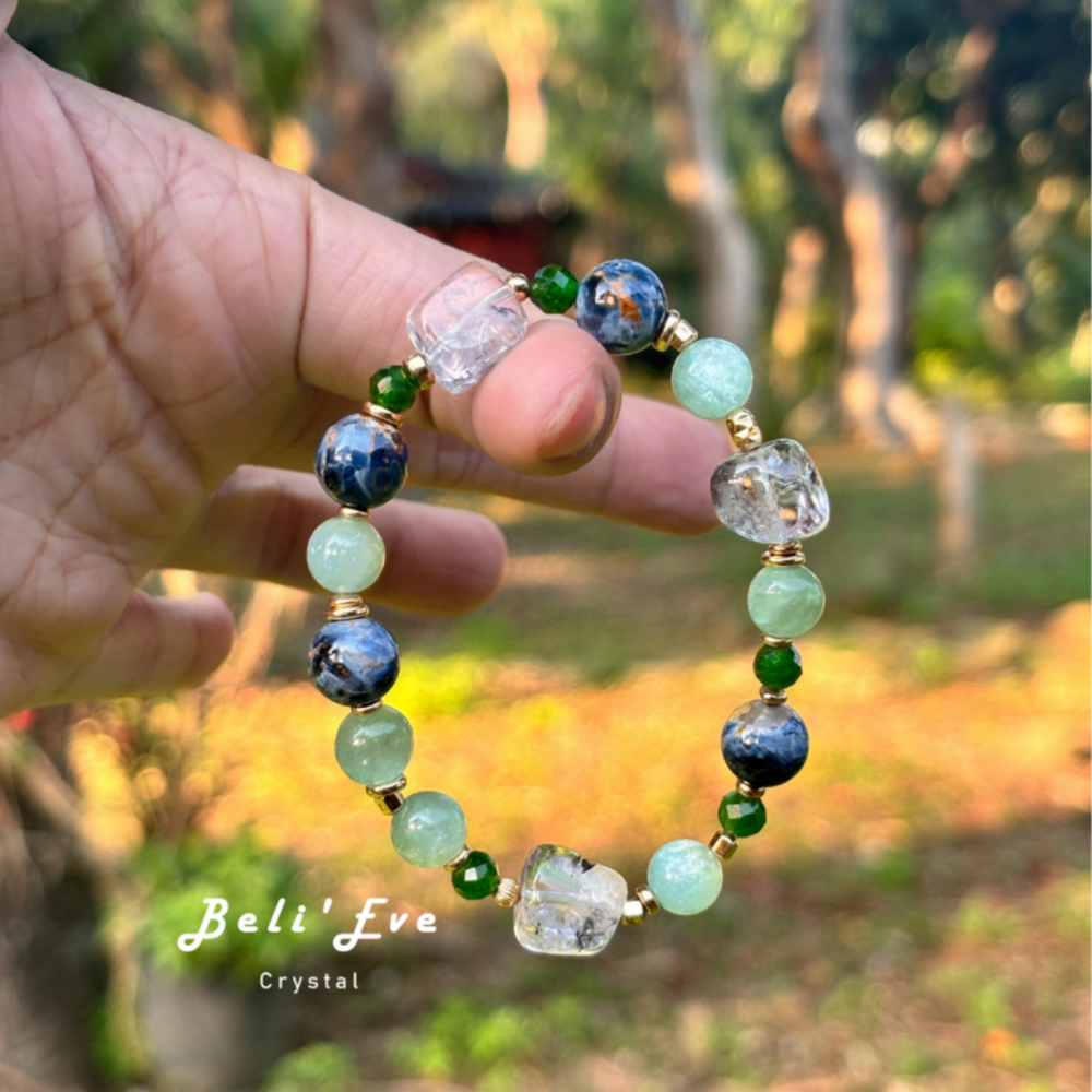 『綠檸康普茶』10MM彼得石+薄荷綠鋰雲母+6MM透輝石+隨形巴基斯坦閃靈鑽