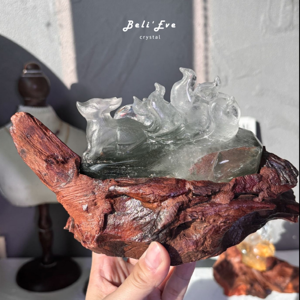 『晶體乾淨』千層綠幽靈九尾狐+底座 業務業績 貴人吸引 人工雕刻