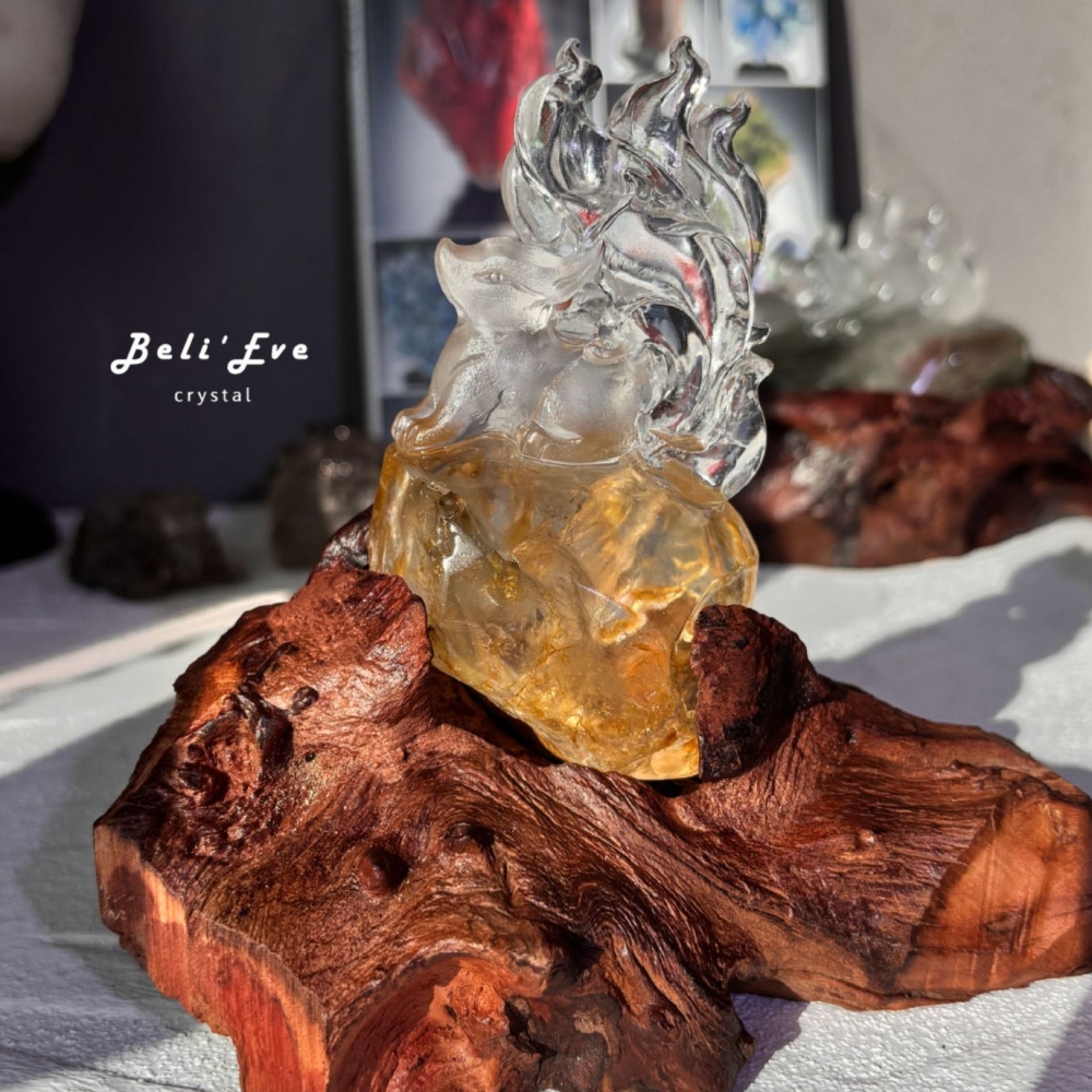 『滿滿財富』黃膠花九尾狐+底座 招財轉運 人緣好運 自信心 