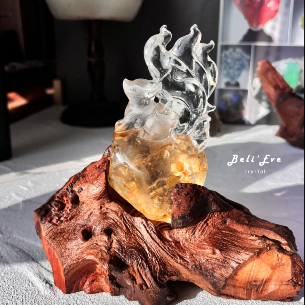 『滿滿財富』黃膠花九尾狐+底座 招財轉運 人緣好運 自信心 