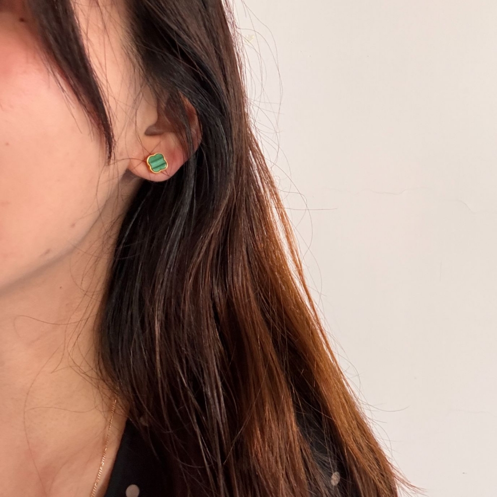 純銀重工鍍金幸運草孔雀耳環