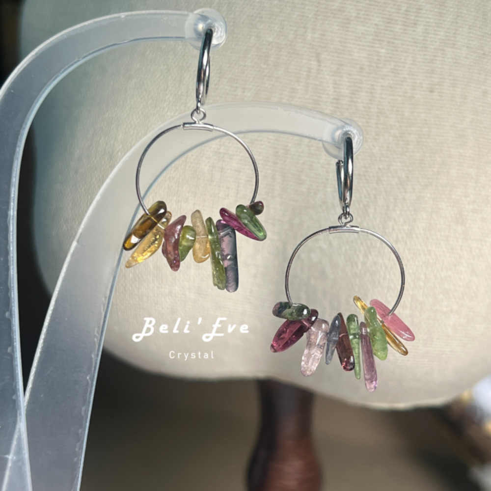 財富寶石隨形碧璽 圈圈造型 純銀耳環