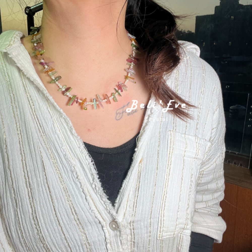 『財富與健康』天然淡水珍珠+碧璽隨形 設計項鍊 無隔珠