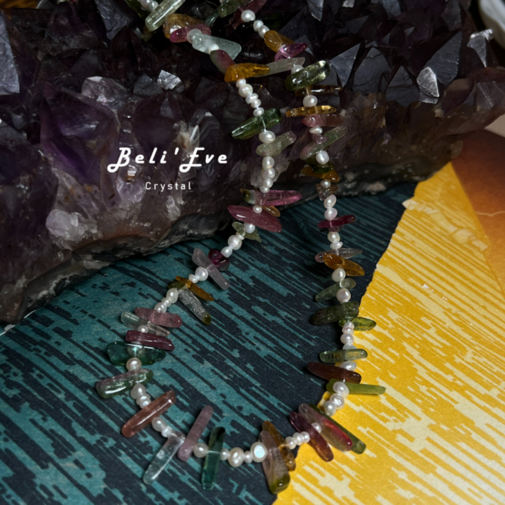 『財富與健康』天然淡水珍珠+碧璽隨形 設計項鍊 無隔珠