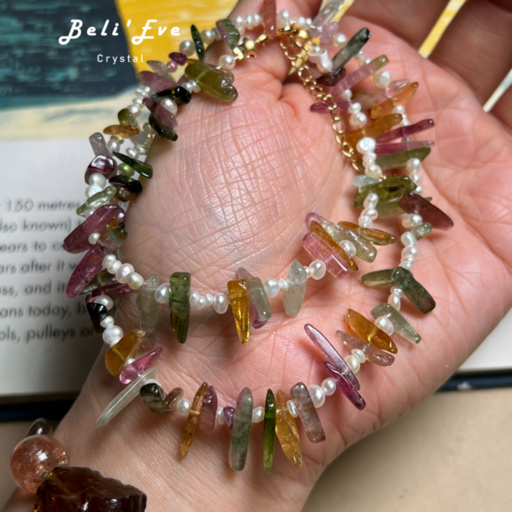 『財富與健康』天然淡水珍珠+碧璽隨形 設計項鍊 無隔珠