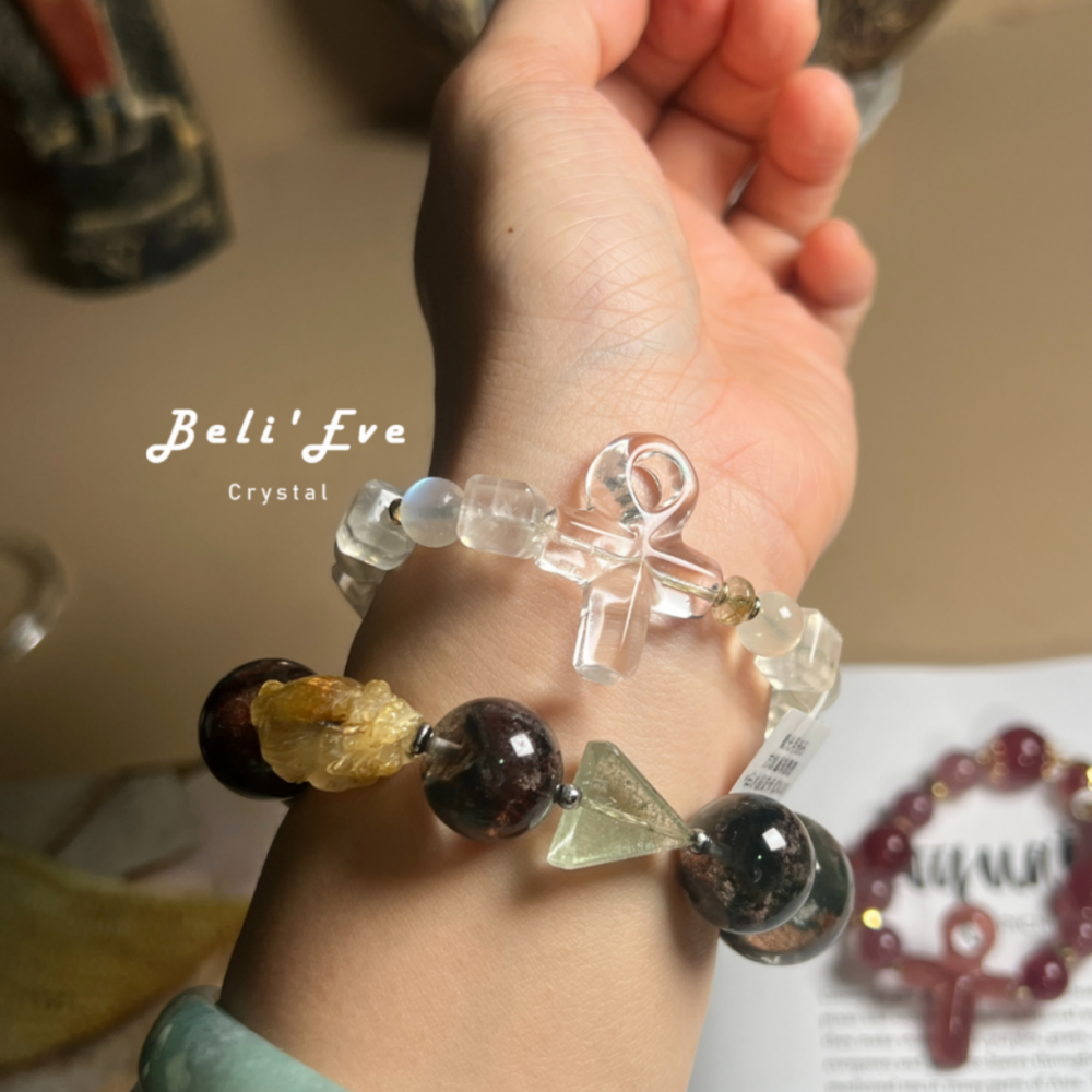 『戀人之石』人工雕刻白水晶安卡+斯里蘭卡月光石 方圓設計款