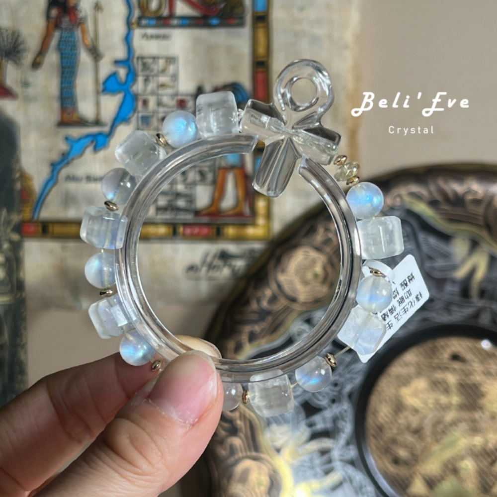 『戀人之石』人工雕刻白水晶安卡+斯里蘭卡月光石 方圓設計款