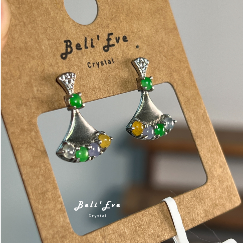 『四色翡翠』春彩純銀鑲嵌 高冰濃色純銀耳環  特惠 天然緬甸翡翠A貨 陽綠 黃 紫 白冰