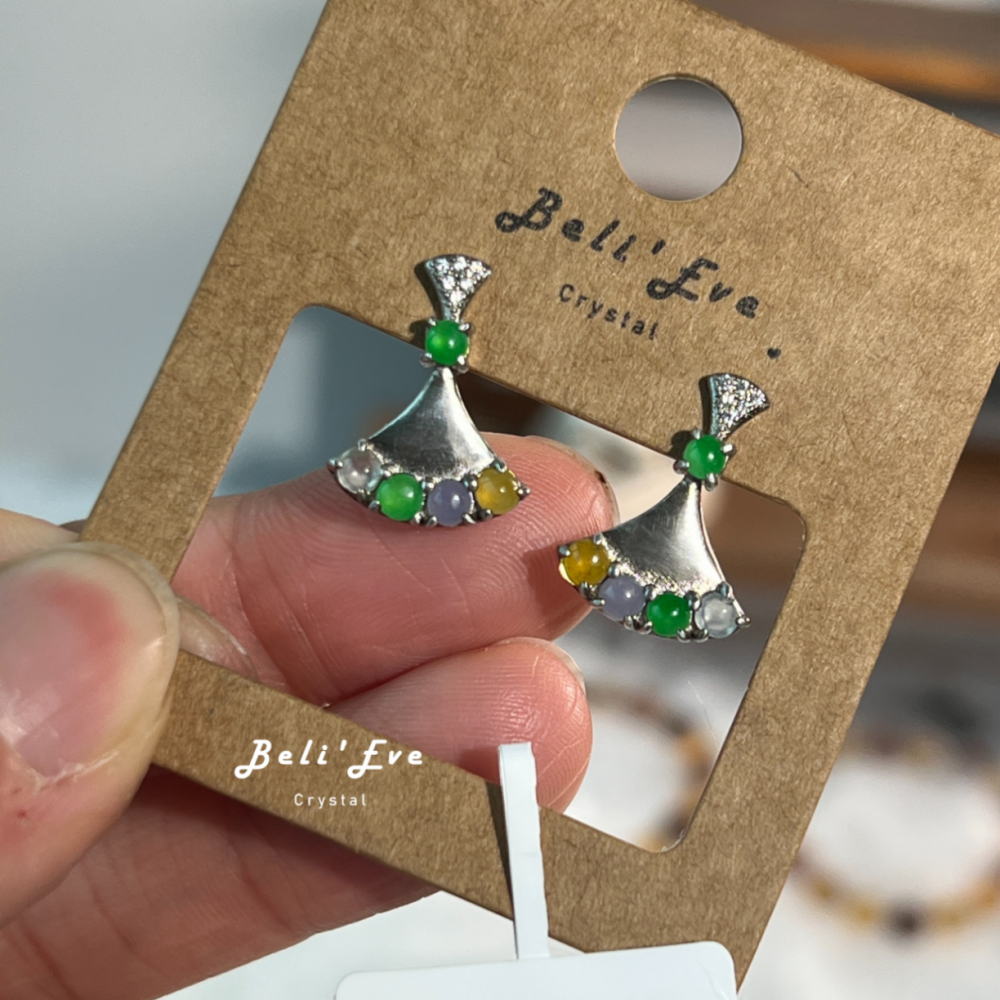 『四色翡翠』春彩純銀鑲嵌 高冰濃色純銀耳環  特惠 天然緬甸翡翠A貨 陽綠 黃 紫 白冰