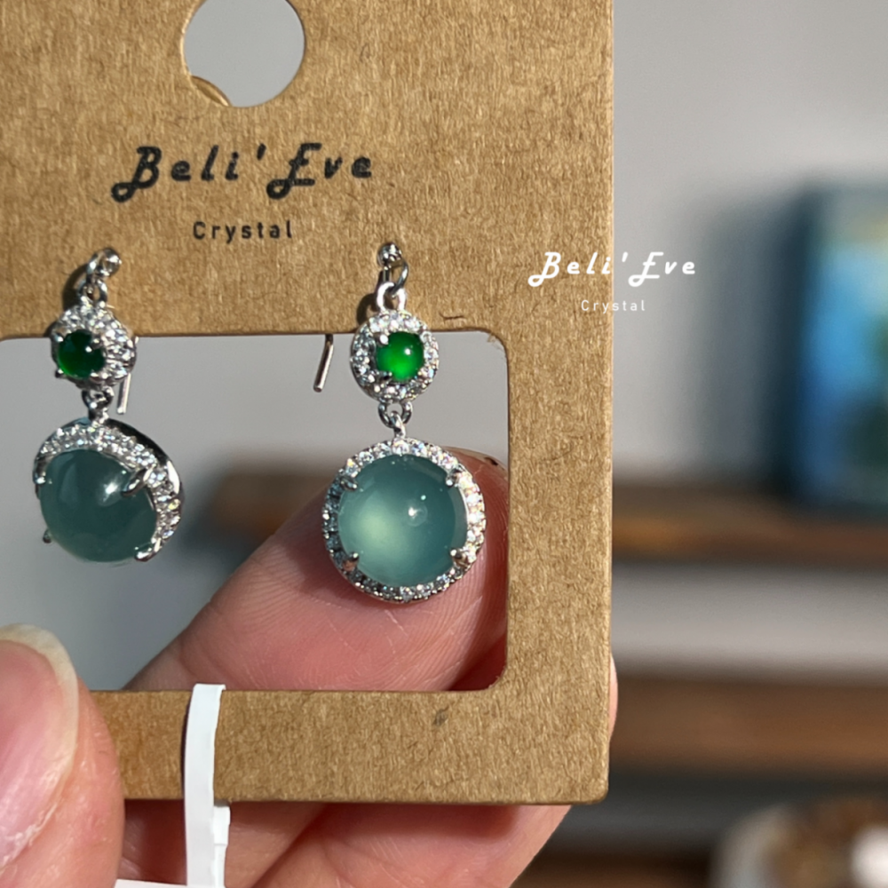 『可製兩對』瓜料藍水翡翠8MM大蛋面+陽綠耳環 純銀鑲嵌耳環 耳勾 天然翡翠