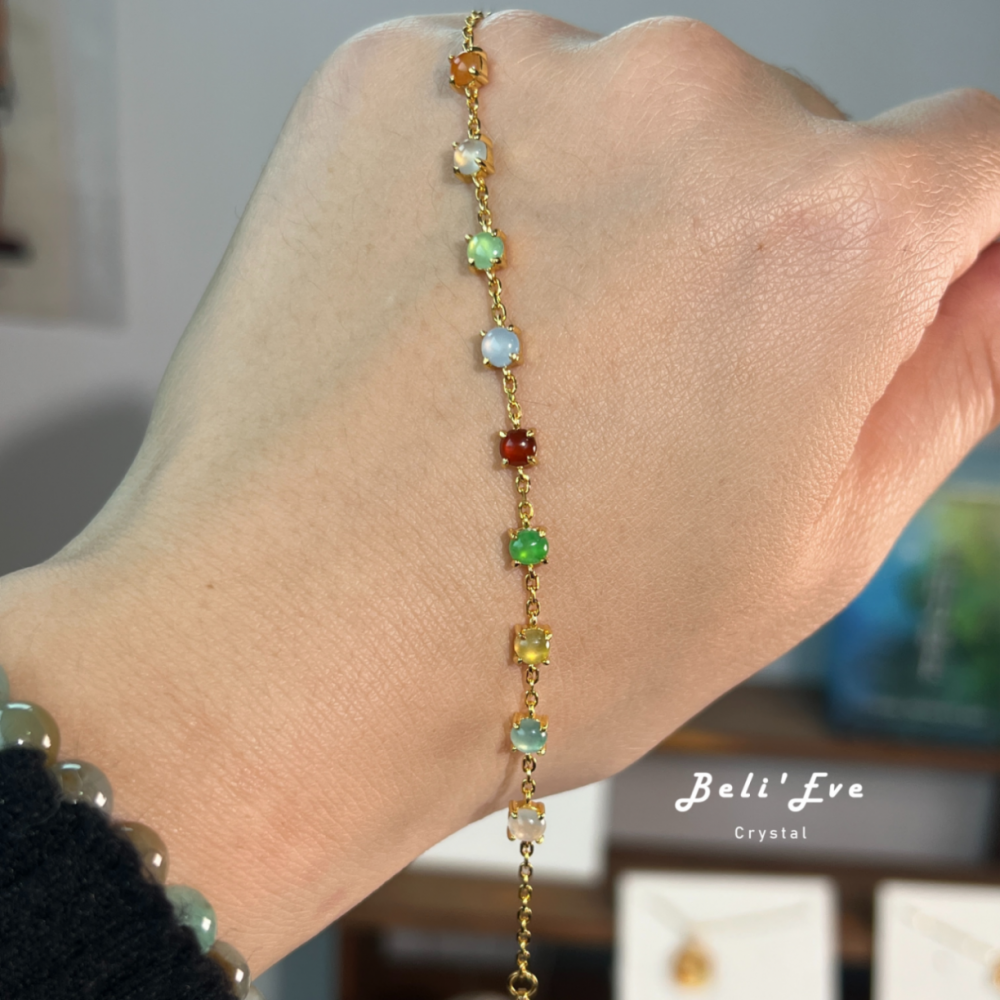 『緬甸翡翠』多色小蛋面5MM 天然翡翠手鍊 純銀鑲嵌 紫羅蘭 綠 白冰 冰黃 冰紅 值得珍藏