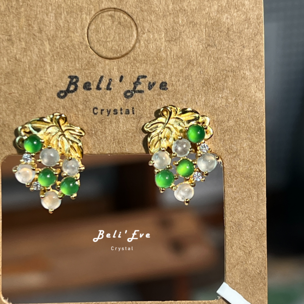 『港工設計』緬甸+瓜料翡翠蛋面 葡萄造型 珠寶專櫃 真純銀鍍金鑲嵌 耳環 