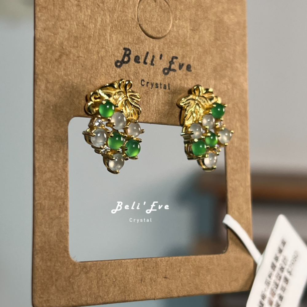 『港工設計』緬甸+瓜料翡翠蛋面 葡萄造型 珠寶專櫃 真純銀鍍金鑲嵌 耳環 