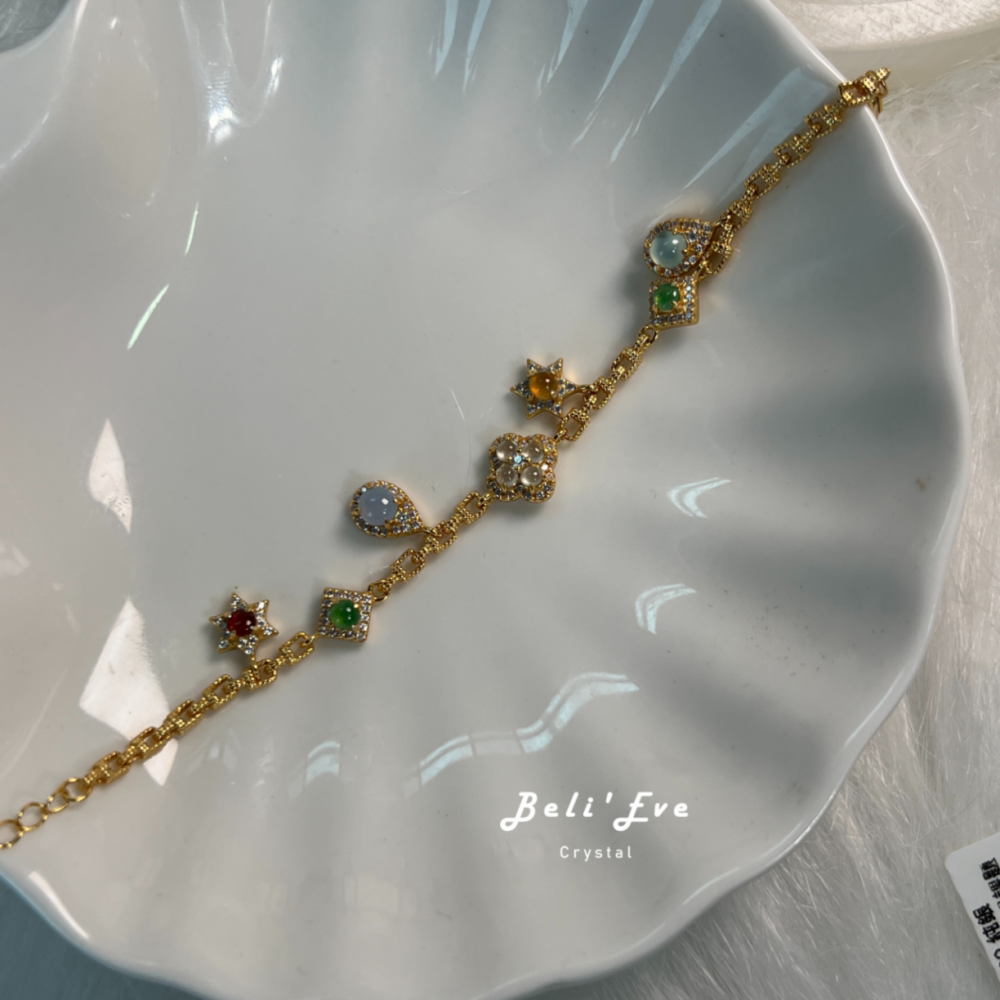 『重工設計』緬甸翡翠 多色蛋面 天然翡翠 純銀鑲嵌手鍊 紫羅蘭 綠 白冰 冰黃 冰紅 值得珍藏