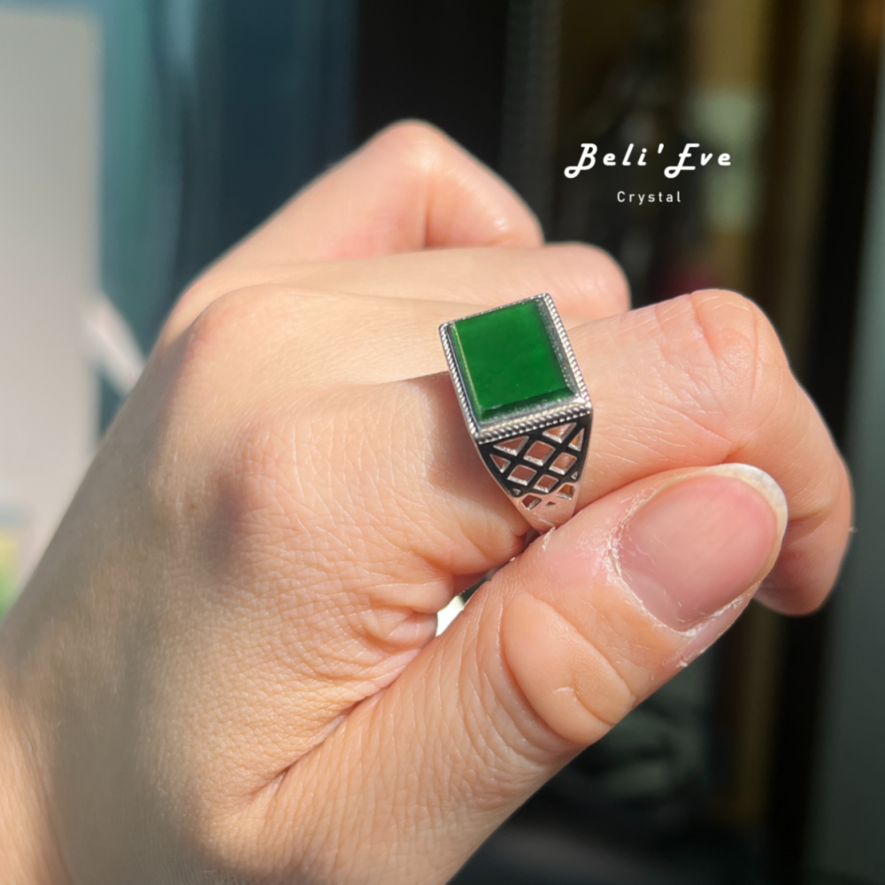 『可調戒指』緬甸翡翠 油青 純銀鑲嵌 一刀切厚實非薄款 男女戒