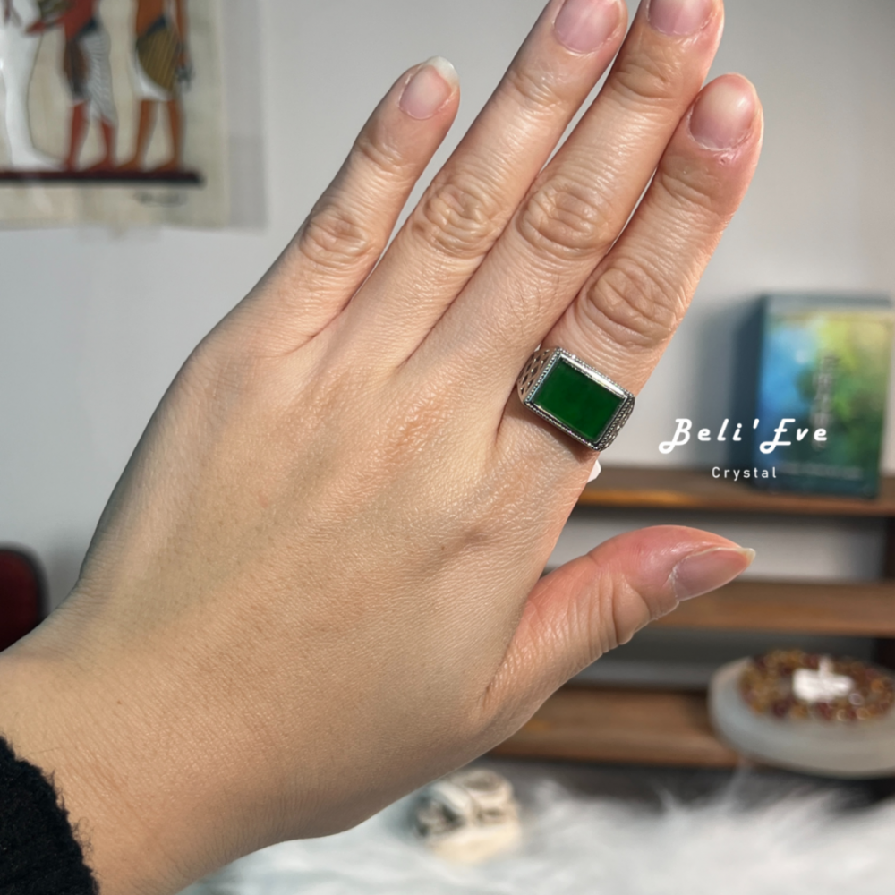 『可調戒指』緬甸翡翠 油青 純銀鑲嵌 一刀切厚實非薄款 男女戒