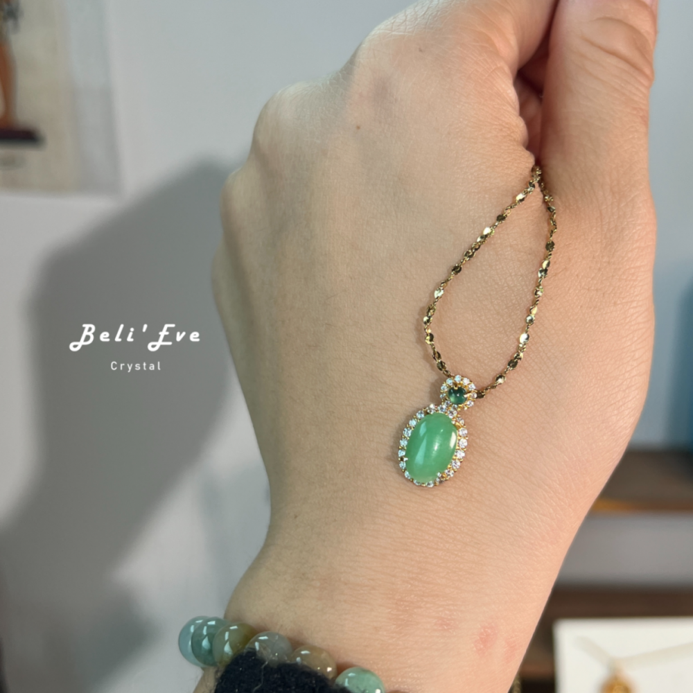 『緬甸翡翠』甜豆色 翡翠蛋面8+MM +瓜地馬拉藍水翡翠 純銀鑲嵌項鍊 天然A貨