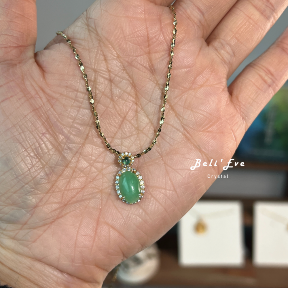 『緬甸翡翠』甜豆色 翡翠蛋面8+MM +瓜地馬拉藍水翡翠 純銀鑲嵌項鍊 天然A貨