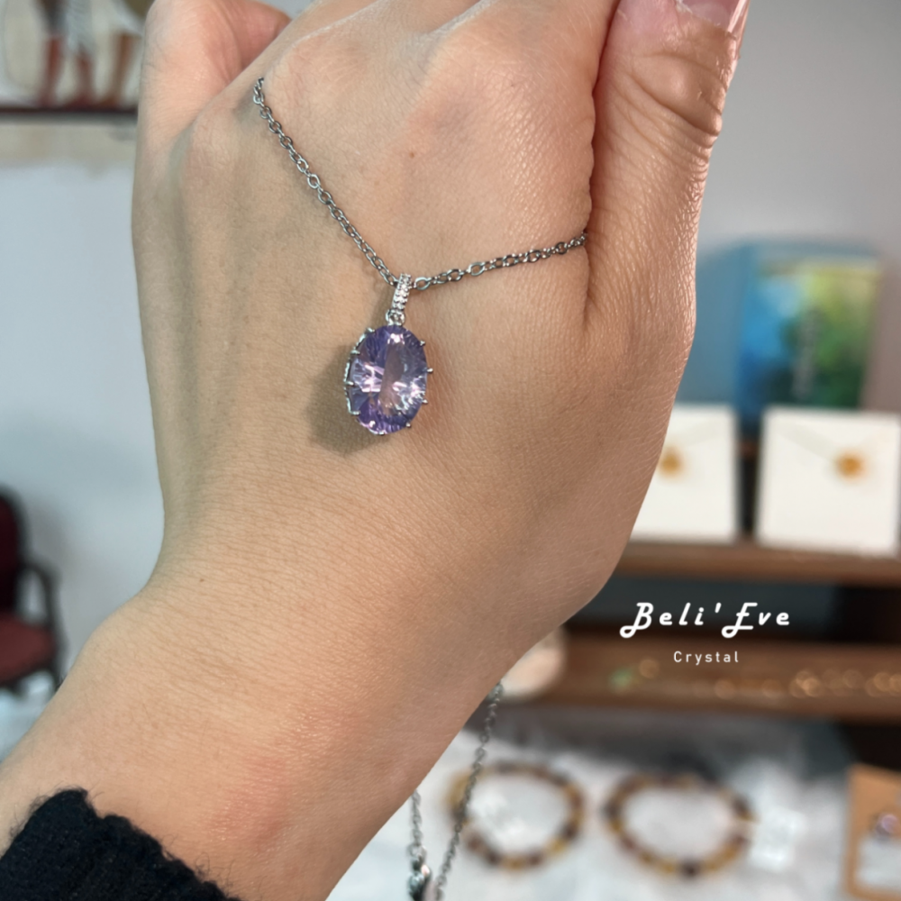 『寶石鑲嵌』紫玉晶吊墜 純銀鑲嵌 鑽石切面項鍊