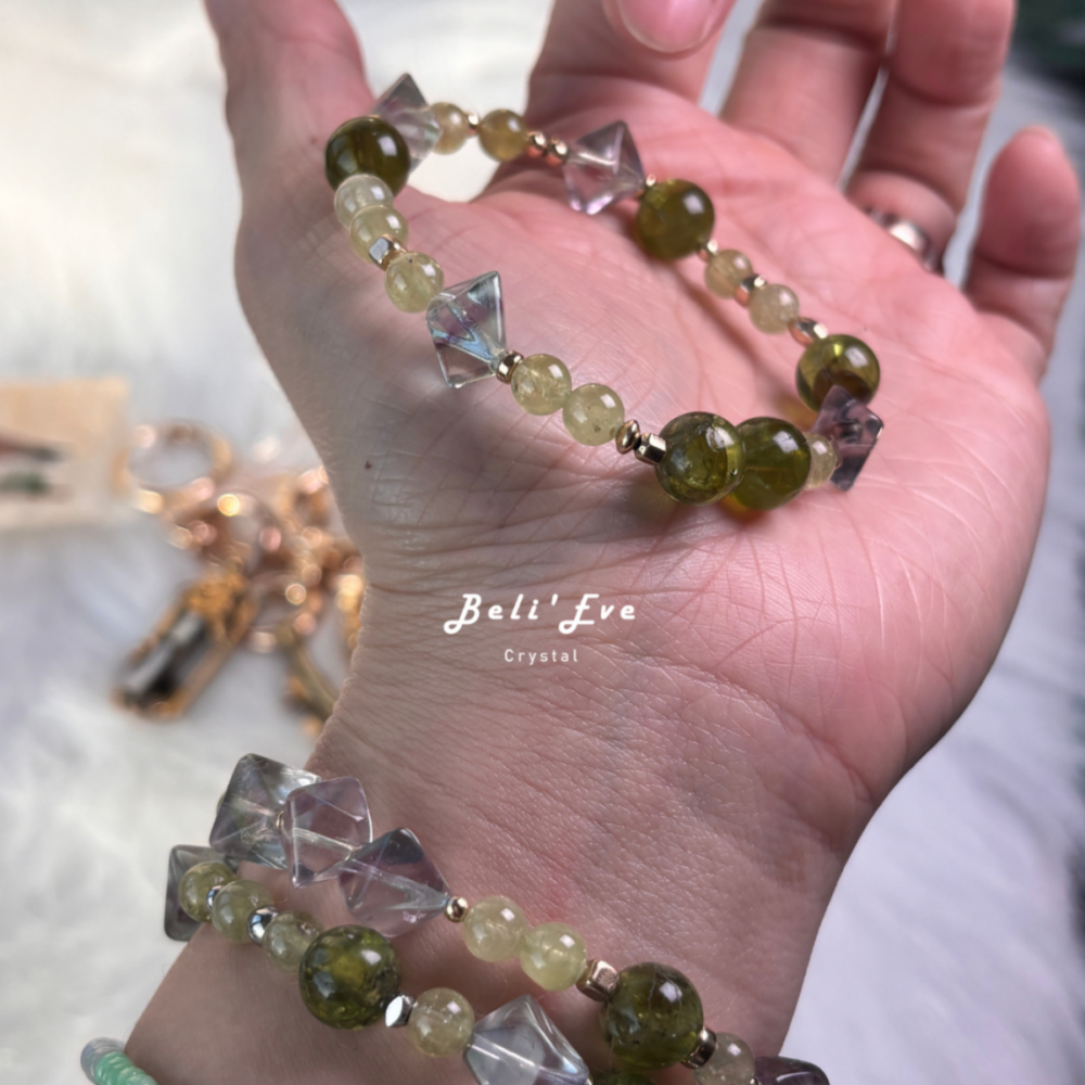 『三倍身體恢復』橄欖石+沙弗萊石榴石+原礦打磨螢石 體力恢復 學習加倍 健康寶石 6-9MM混搭設計