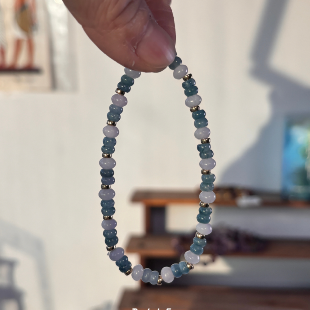 『牛仔藍翡翠』MAX級別 +粉紫翡翠 糯冰盤珠 緬甸產地 飄花翡翠 鈦／錳元素 美國注金