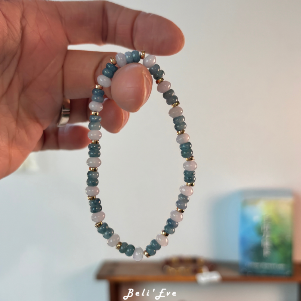 『牛仔藍翡翠』MAX級別 +粉紫翡翠 糯冰盤珠 緬甸產地 飄花翡翠 鈦／錳元素 美國注金