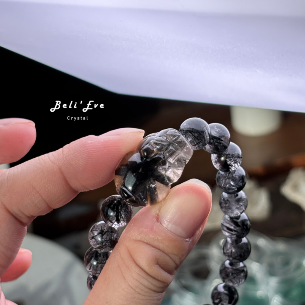 大顆黑銀鈦貔貅25MM+黑髮晶手串 小人退散 避邪平安 招財 超級領袖魅力 米字銀鈦晶花