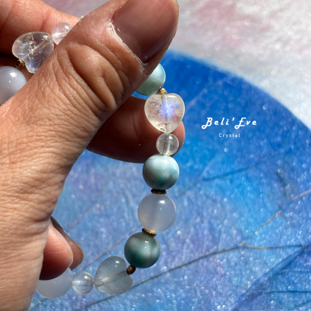 『稀有!』晶中晶藍瑩石+拉利馬盤珠/圓珠+愛心造型印度月光石