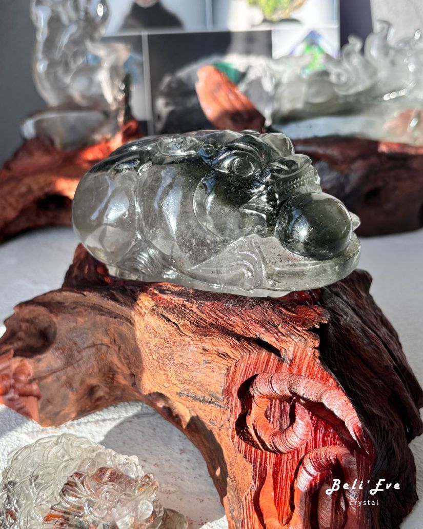 『有求必應』深綠幽靈水晶球守護貔貅+底座 避邪招貴人 業績加強 生意興隆