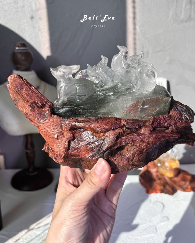 『晶體乾淨』千層綠幽靈九尾狐+底座 業務業績 貴人吸引 人工雕刻