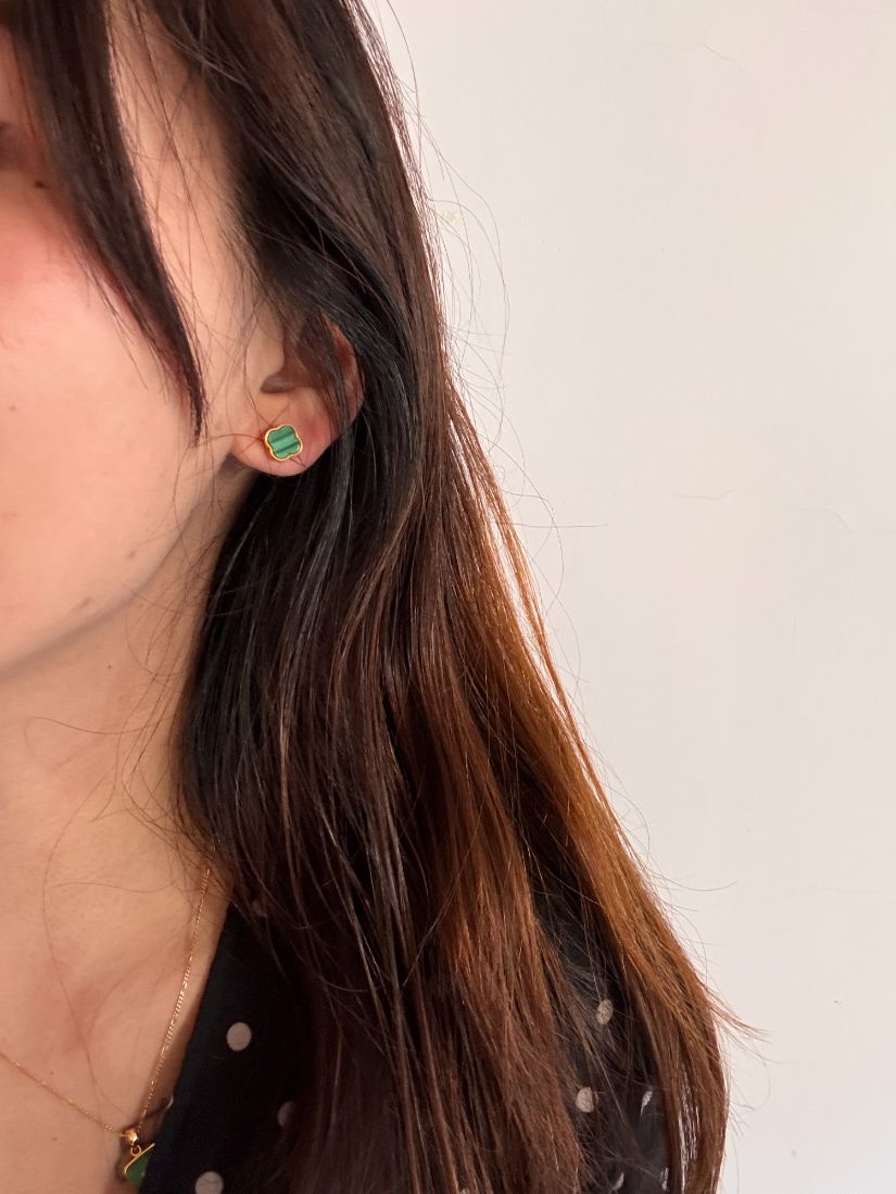 純銀重工鍍金幸運草孔雀耳環