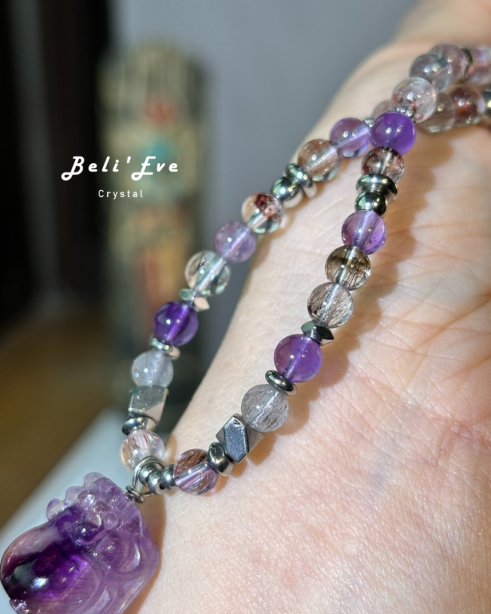 『七倍能量』 超七項鍊+精品粉紫超七貔貅項鍊 超級七水晶 全能量都有