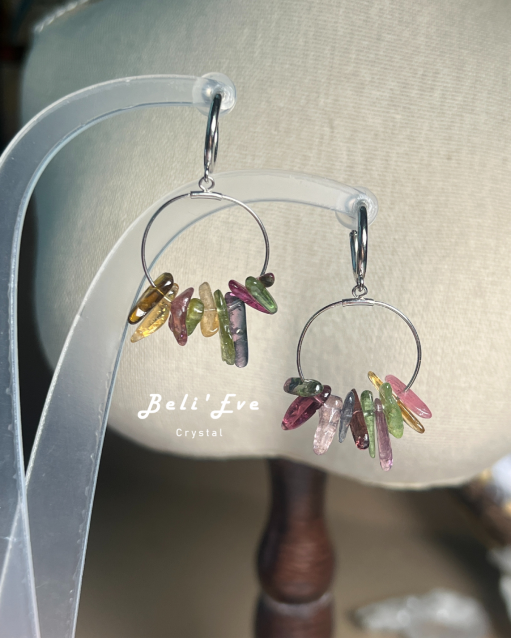 財富寶石隨形碧璽 圈圈造型 純銀耳環