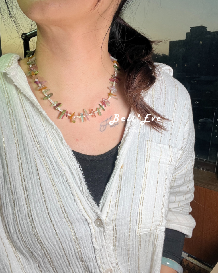 『財富與健康』天然淡水珍珠+碧璽隨形 設計項鍊 無隔珠