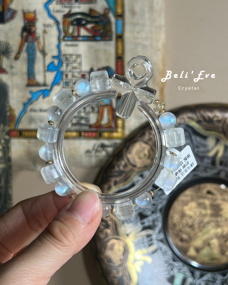 『戀人之石』人工雕刻白水晶安卡+斯里蘭卡月光石 方圓設計款