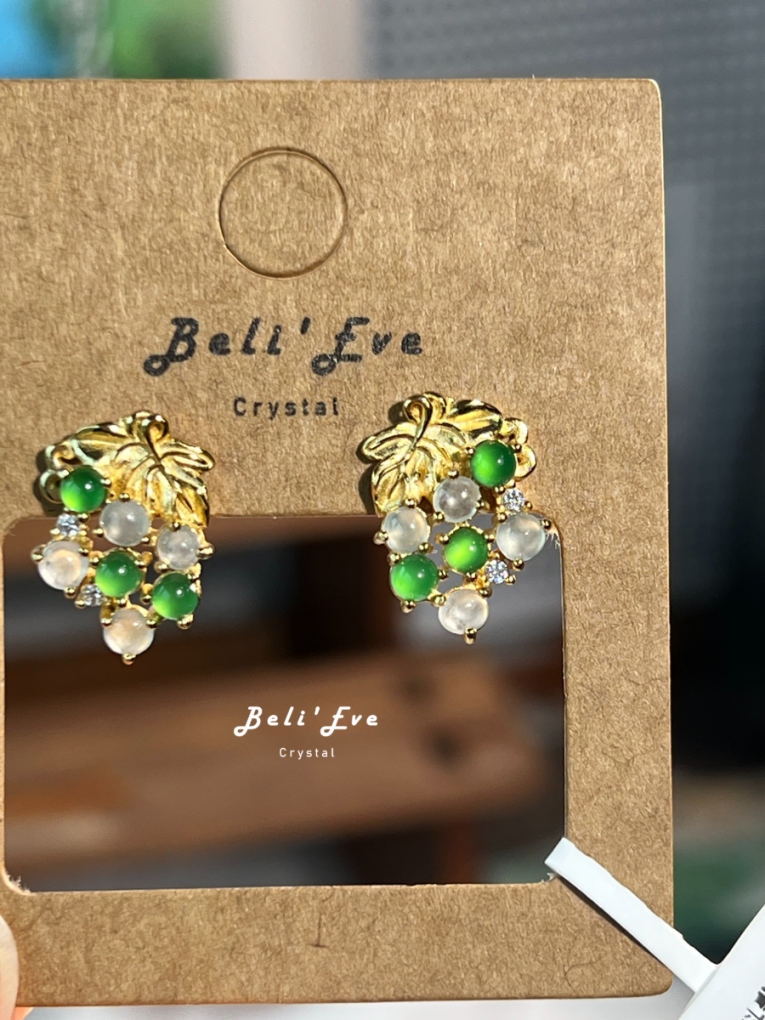 『港工設計』緬甸+瓜料翡翠蛋面 葡萄造型 珠寶專櫃 真純銀鍍金鑲嵌 耳環 