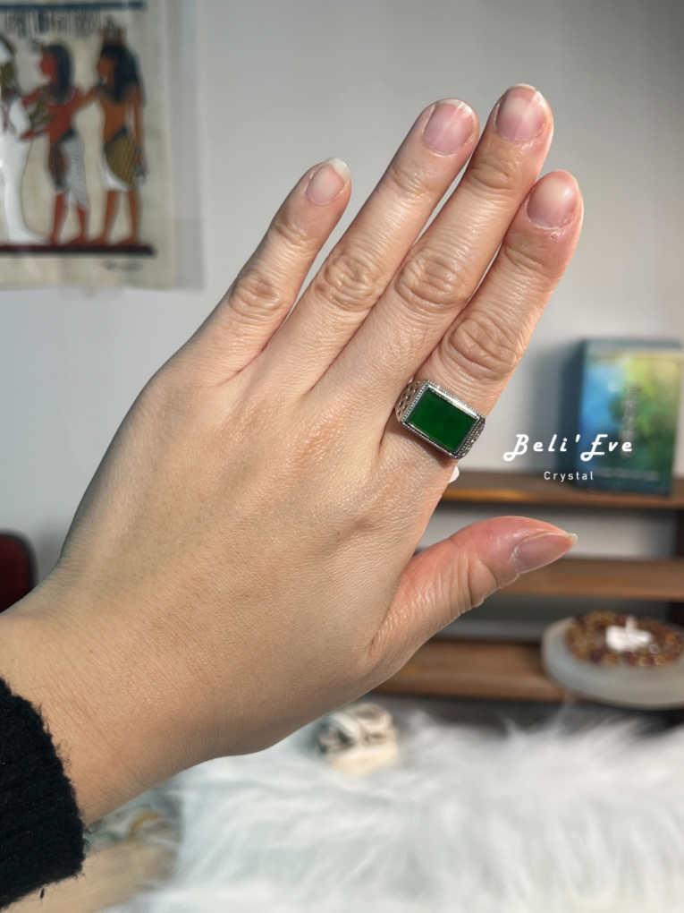 『可調戒指』緬甸翡翠 油青 純銀鑲嵌 一刀切厚實非薄款 男女戒