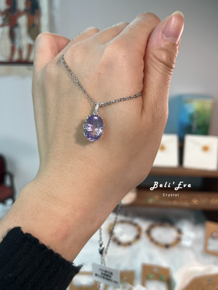 『寶石鑲嵌』紫玉晶吊墜 純銀鑲嵌 鑽石切面項鍊