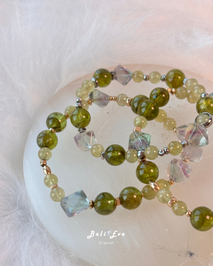 『三倍身體恢復』橄欖石+沙弗萊石榴石+原礦打磨螢石 體力恢復 學習加倍 健康寶石 6-9MM混搭設計